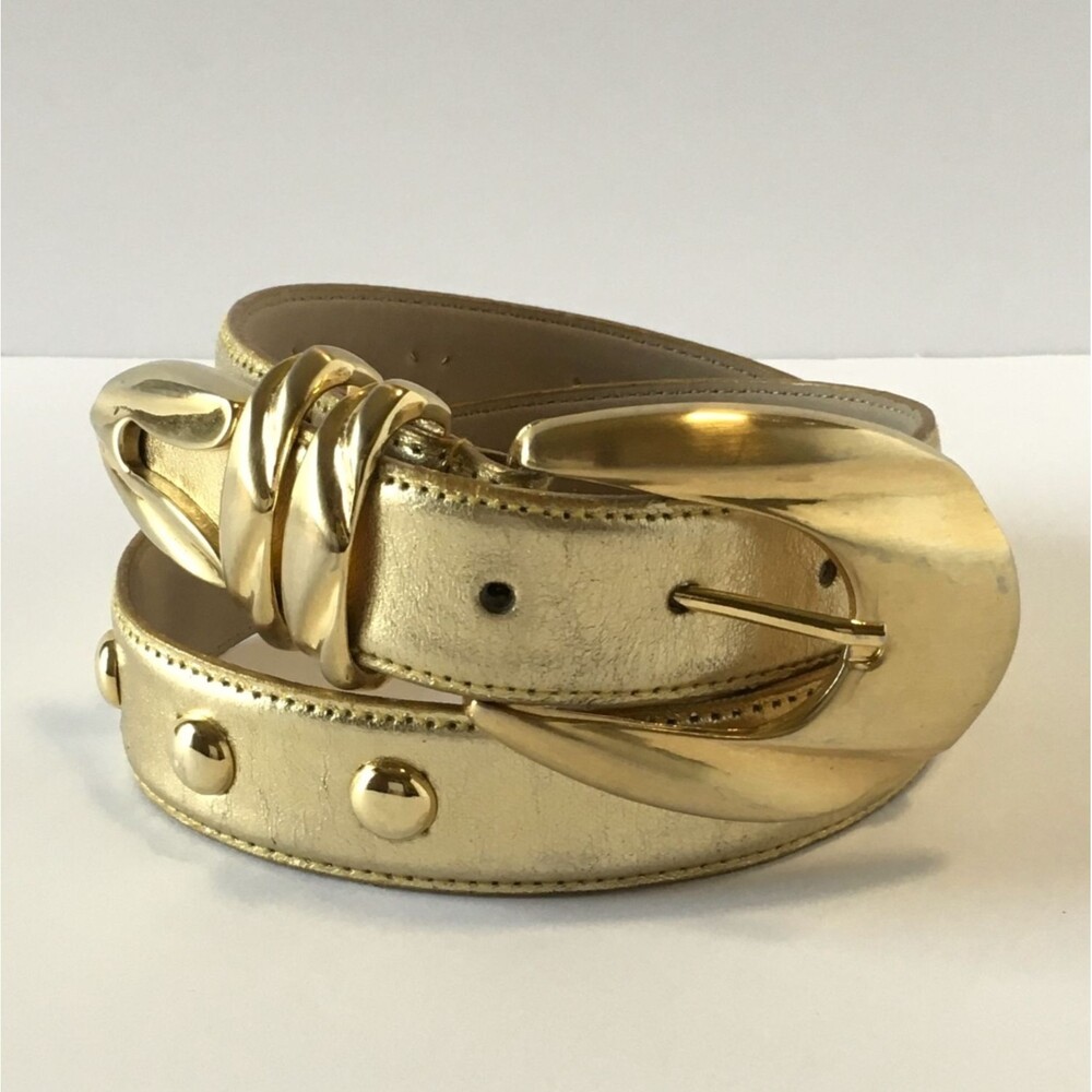 Vintage Genuine Leather Womens Belt Gold Tone & Buckle Studs marked Size S